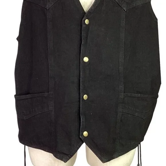 Allstate Vest Men 4X Black Cotton Denim Side Lace Pockets Snaps Motorcycle Biker - Picture 3 of 8